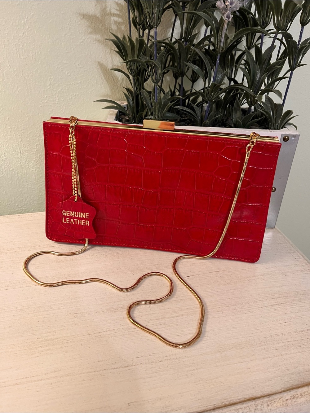 Giani Bernini Red Leather Croc Embossed Clutch w/ Gold Tone Chain Strap
